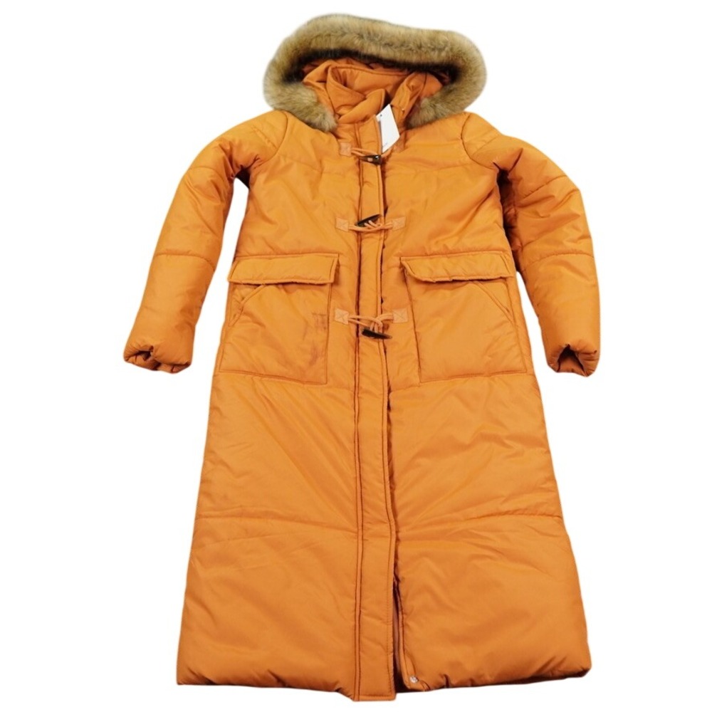 ASOS Duffle Longline Puffer Coat Size 0 Orange Faux Fur Hood Toggle Parka Jacket